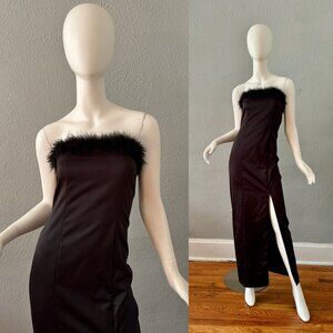 Vintage 90s Black Strapless Feather Cocktail Maxi Party Dress XS